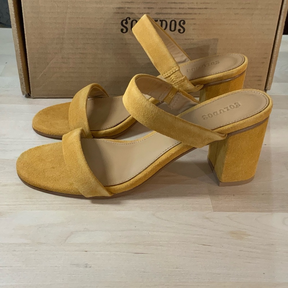 Soludos Ines Marigolds Heeled Sandals NIB Suede Open Toe Slip On Sandals Size 8